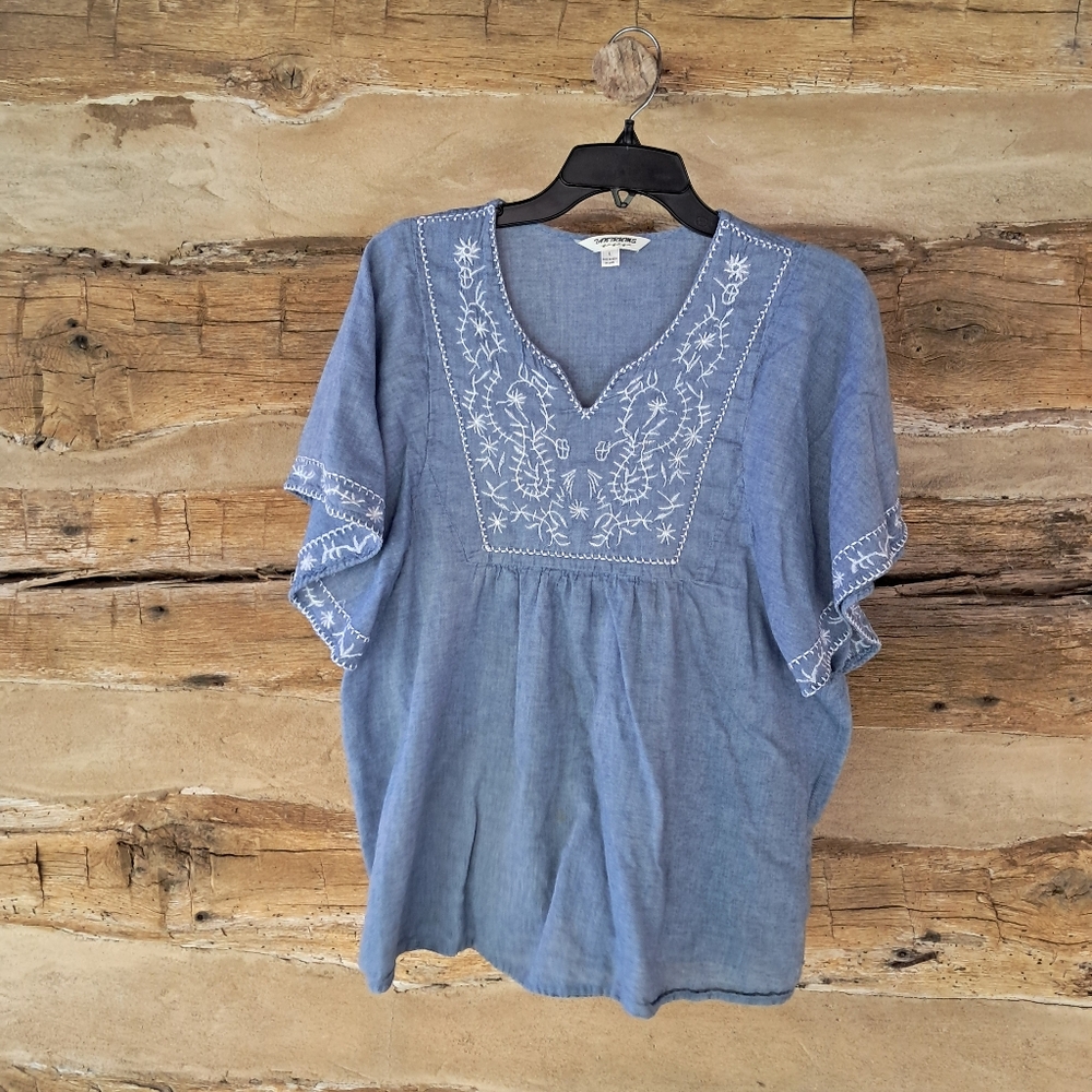 Tantrums Chambray Blue V Neck Cotton Peasant Blouse Size Large